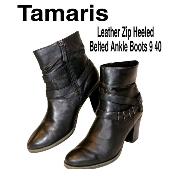 Tamaris Shoes - Tamaris Womens Size 9 40 GENUINE Leather Zip Heeled Belted Ankle Boots Booties